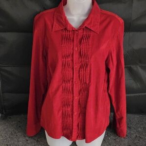 Talbots Petites Red Pintuck Button Down Shirt XL Classic Preppy 100% Cotton